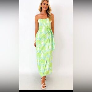 Gingham and heels miima strapless midi dress- mint jacquard